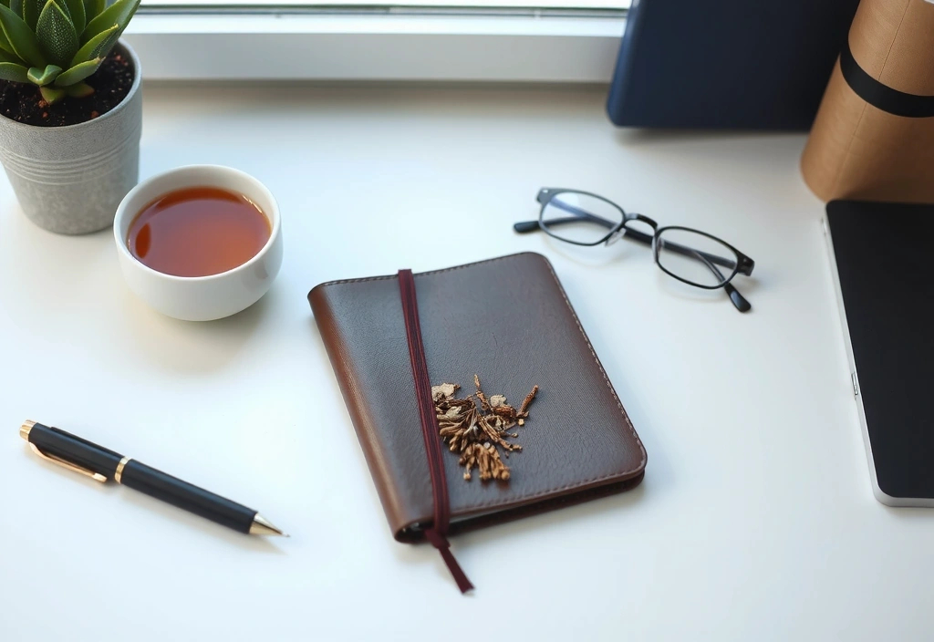 Pracovní stůl s notesem a brýlemi